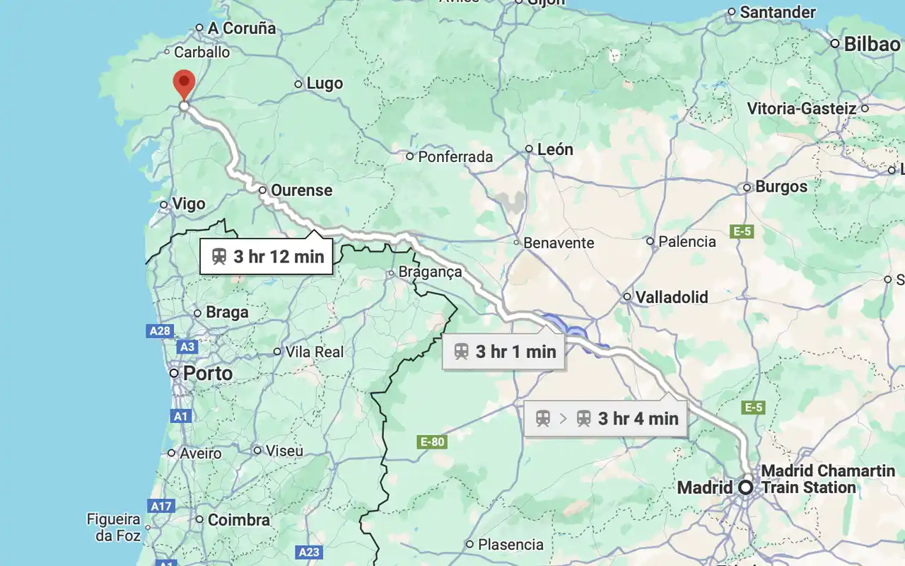 Rota de trem Madrid-Santiago de Compostela.